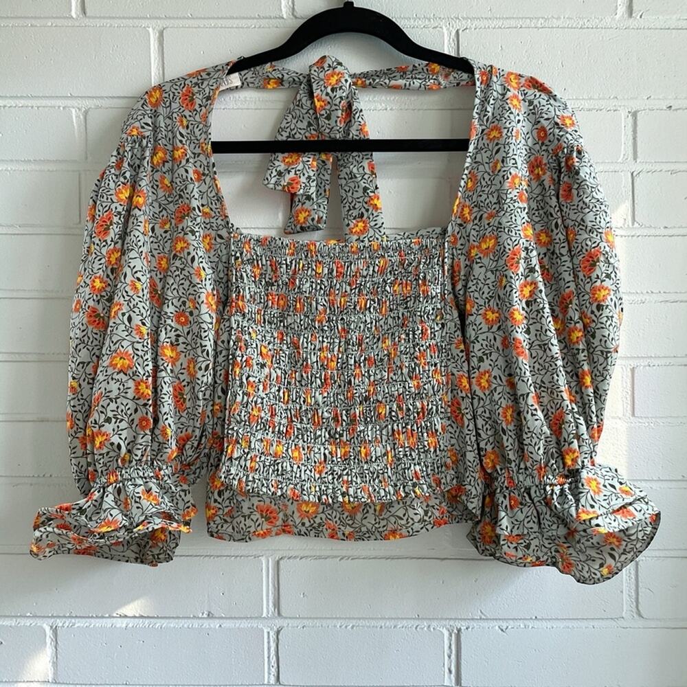 Sienna Sky Floral Smocked Crop Blouse Medium Cottagecore Boho Puff Sleeve